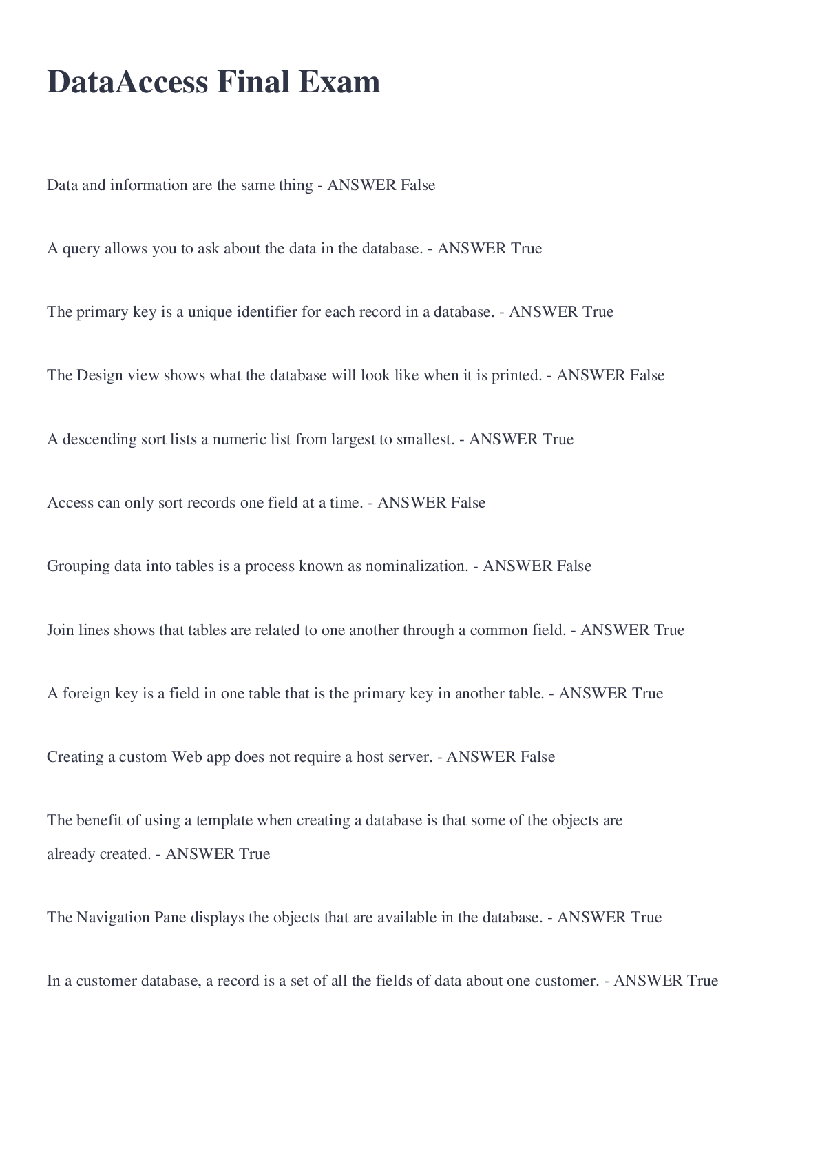Preview image of Data Access Final Exam document